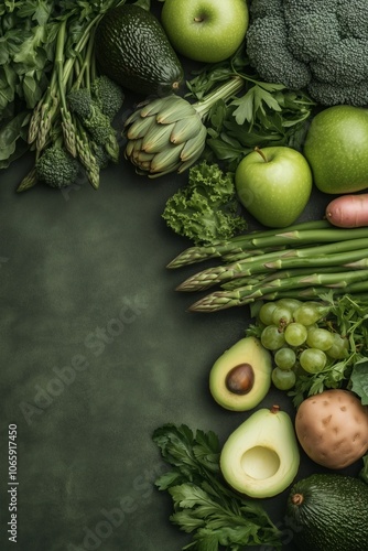 Fresh green vegetables and fruits assortment on dark background
