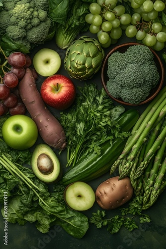 Fresh organic fruits and vegetables arrangement featuring green produce and vibrant colors