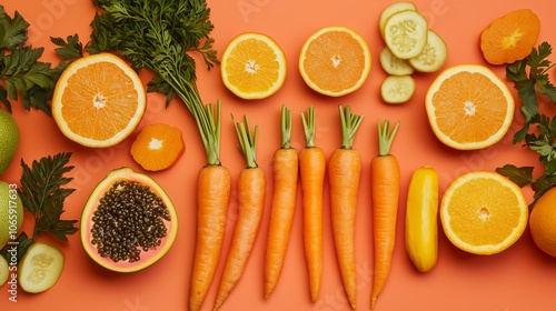 Fresh vibrant composition of carrots and citrus fruits on orange background