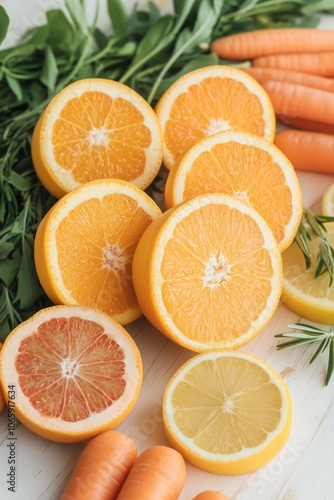 Vibrant citrus and carrot arrangement on wooden table