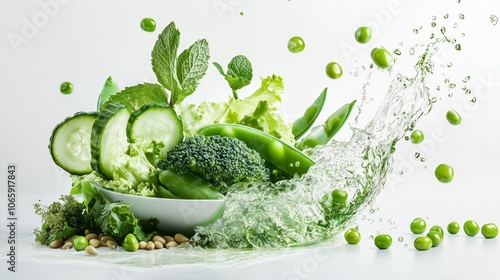 Fresh green vegetables splashing with water for a vibrant and healthy lifestyle