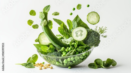 Fresh green vegetables in motion with cucumber, peas, broccoli, and spinach