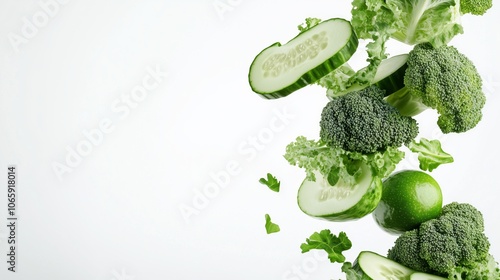 Fresh green vegetables falling: broccoli, cucumber, lettuce, and lime on white background