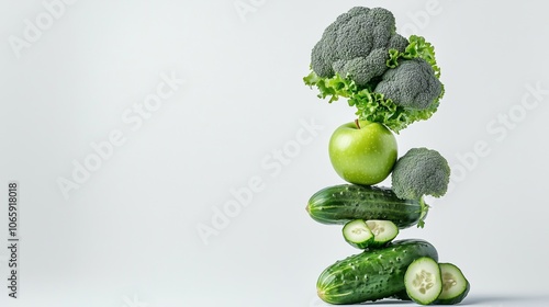 Creative balance of green produce: broccoli, apples, and cucumbers