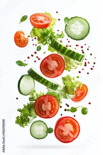 Fresh vegetables in motion: sliced tomatoes, cucumbers, and lettuce with peppercorns and herbs