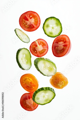Floating slices of fresh cucumbers and tomatoes in mid-air