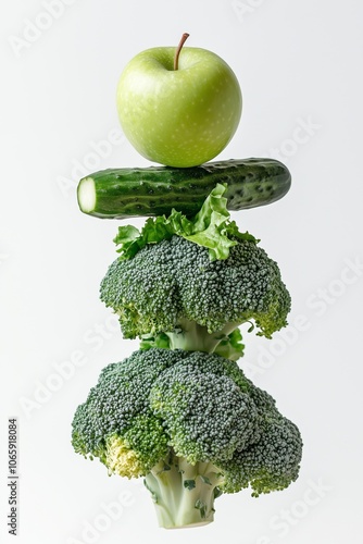 Balanced composition of green apple, cucumber, and broccoli