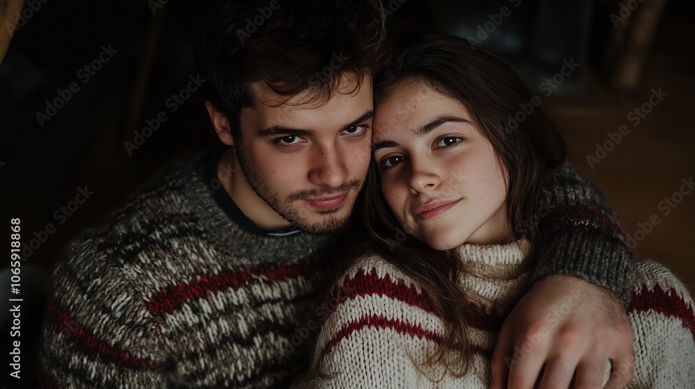 A cozy moment captured indoors with a young couple enjoying each other's company wearing warm sweaters A cozy moment captured indoors with a young couple enjoying each other's company wearing warm sweaters