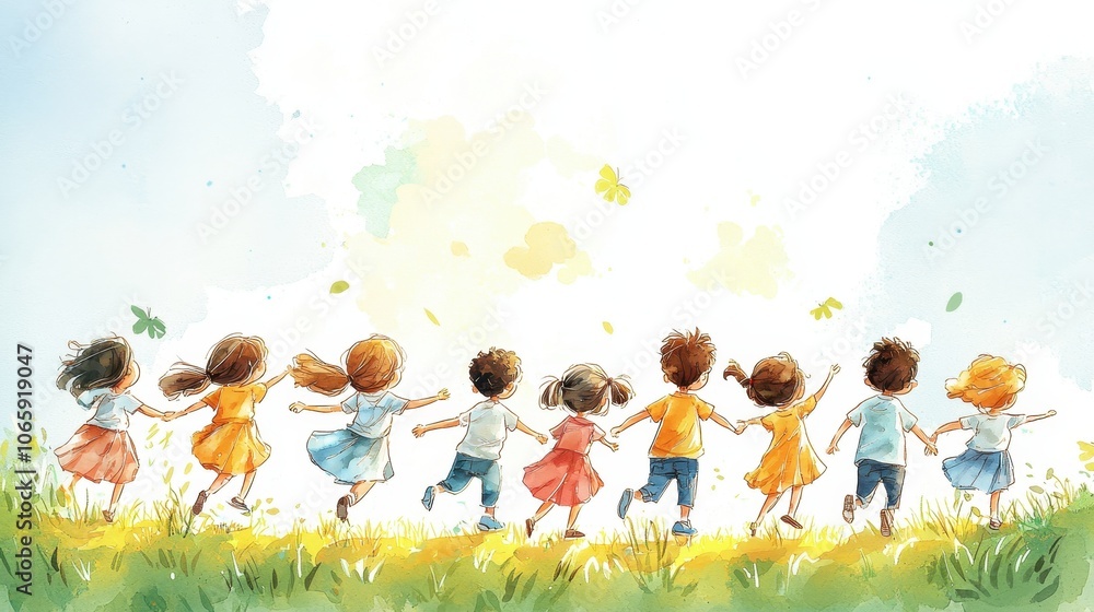 Fototapeta premium A colorful illustration of children joyfully running together in a grassy field, capturing the essence of childhood happiness and freedom.