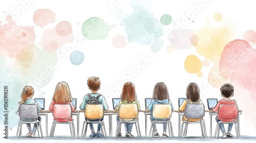 A colorful illustration of children seated at desks, focused on their devices, with a soft, abstract background.
