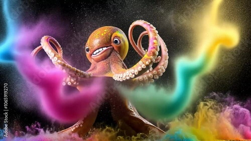 A smiling octopus with tentacles up, surrounded by colorful powder on a black background. photo