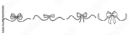 Black bows and ribbons in coquette aesthetics. Monochrome сlip art graphic for greeting cards, wedding invitations, posters. Hand-drawn illustration.