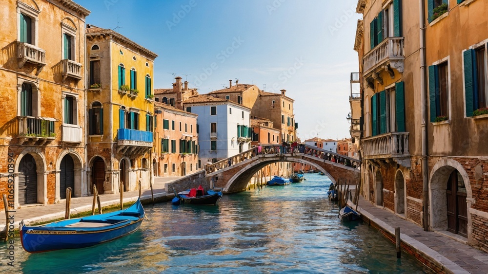 Vibrant Venetian Canal with Stone Bridge and Colorful Buildings Vibrant Venetian Canal with Stone Bridge and Colorful Buildings