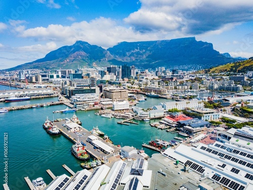 Cape Town - aerial view of Waterfront with Table Mountain in the background