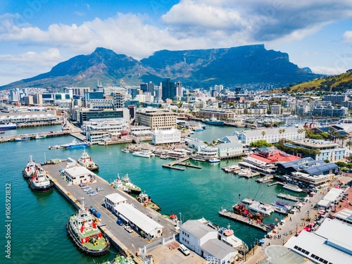 Cape Town - aerial view of Waterfront with Table Mountain in the background