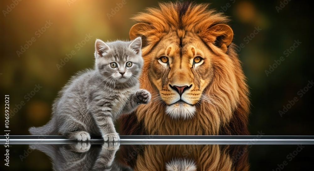Obraz premium Lion and domestic cat