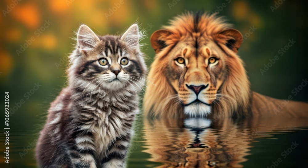 Obraz premium Lion and domestic cat