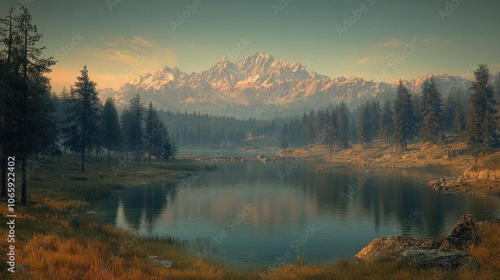 Fototapeta premium A tranquil mountain lake with a snow-capped mountain in the background.