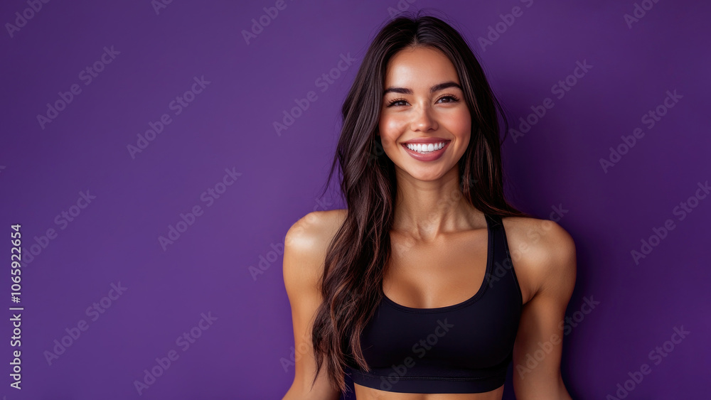 Naklejka premium pretty girl in activewear. confident young hispanic woman smiling in sportswear against purple background, poster with copy space. active lifestyle, healthy exercise routine, physical training