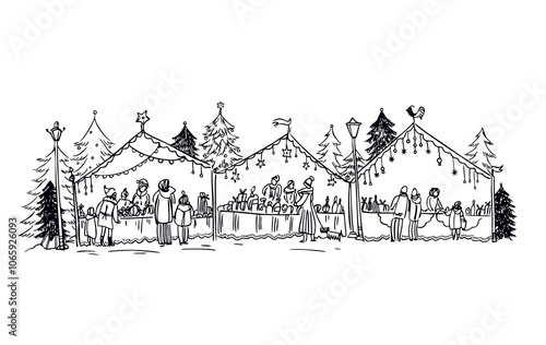 Christmas Market illustration, Christmas tree, visitors searching adornment, souvenirs, gifts -  on white background