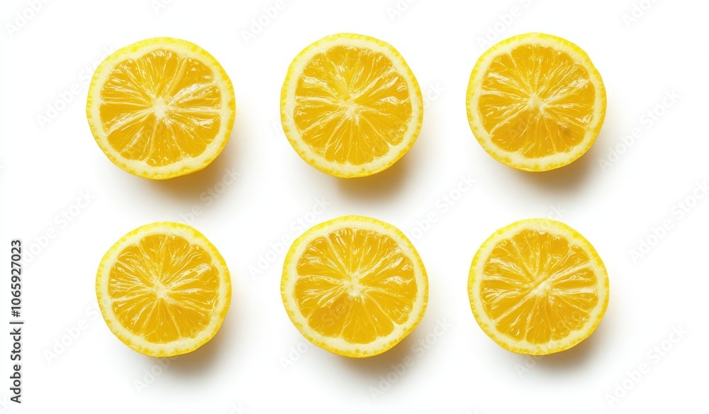 Fototapeta premium Vibrant yellow lemon slices on a white background