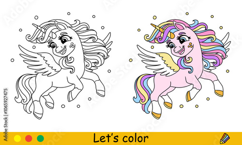 Kids coloring cute dreaming unicorn with wings vector