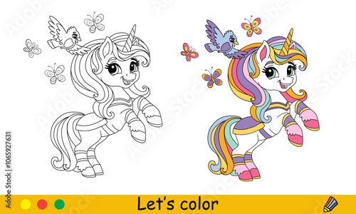 Kids coloring with cute cartoon unicorn with butterflies