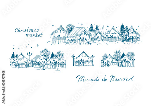 Christmas Market illustration, Christmas tree, visitors searching adornment, souvenirs, gifts -  on white background				