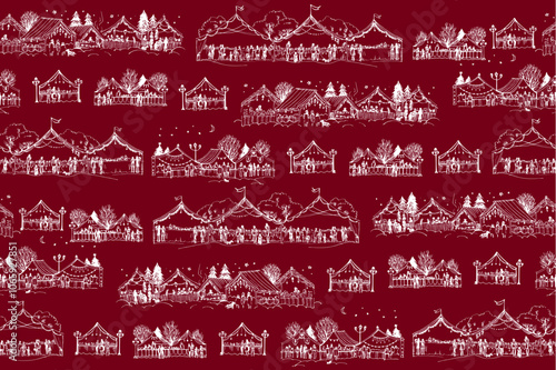 Christmas Market illustration, Christmas tree, visitors searching adornment, souvenirs, gifts - seamless pattern on red background		