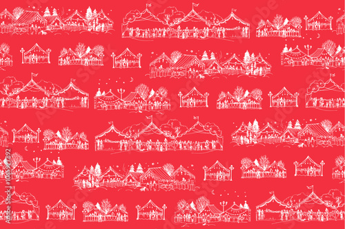 Christmas Market illustration, Christmas tree, visitors searching adornment, souvenirs, gifts - seamless pattern on red background			