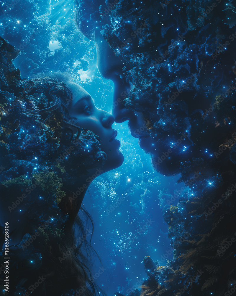 Fototapeta premium Starry night. Valentine’s Day greeting, love confession, romantic relationships, cosmos, night, celestial, nebula, galactic. Lovers in the night.