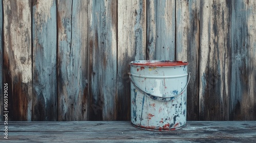 Vintage paint bucket in front of wooden wall, implying artistic activities. photo