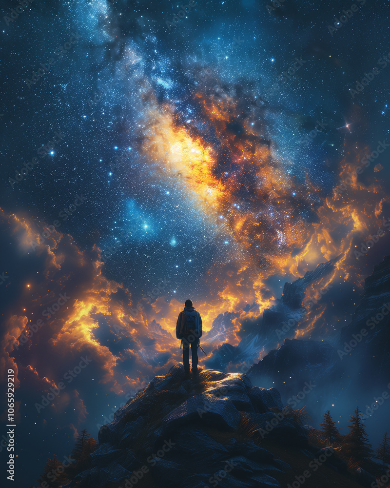 Fototapeta premium Person on the top of the mountain. Embodying solitude and mystery. Sense of loneliness and cosmic beauty.