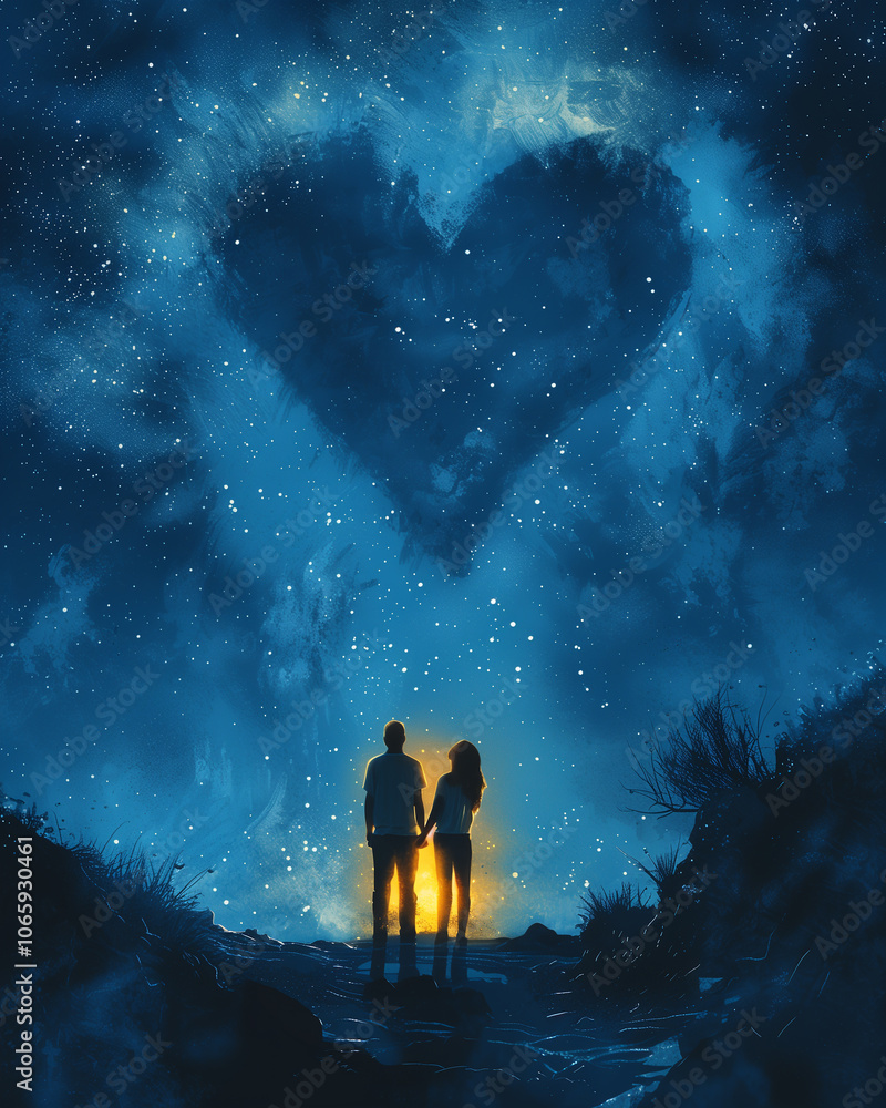 Obraz premium Couple in the night. Heart in the starry night. Valentine’s Day greeting, love confession, romantic relationships, cosmos, night, celestial, nebula, galactic