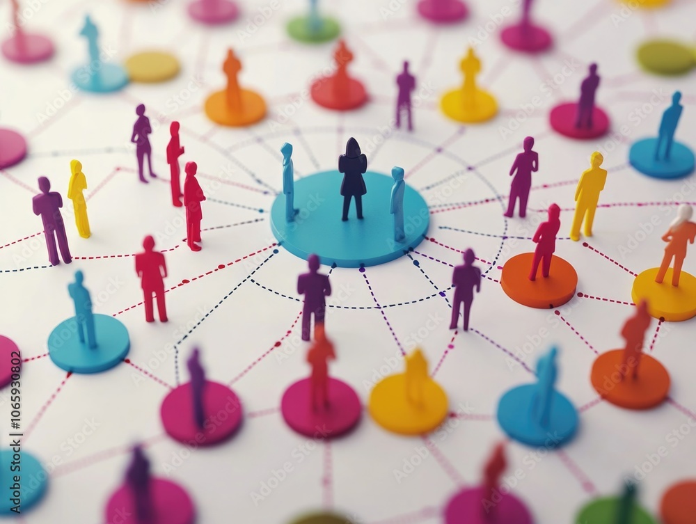 A group of colorful people connected by lines and circles, symbolizing friendship, community, and networking.