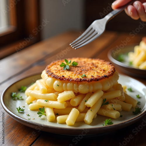 Crispy cheese wheel on macaroni with herbs - a gourmet pasta delight, Janssons frestelse  photo