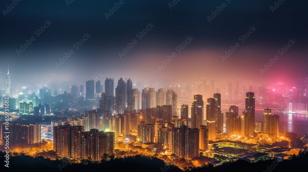 Obraz premium Vibrant Night Cityscape with Towering Skyscrapers