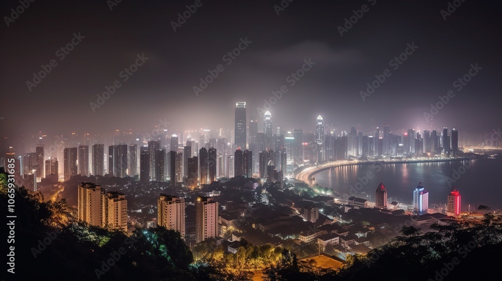 Obraz premium Night Cityscape with Fog and Illuminated Buildings