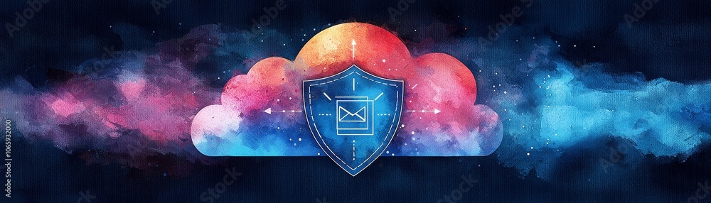 Fototapeta premium The vibrancy of a colorful watercolor illustration showcasing a secure cloud with a shield symbolizing data protection and privacy