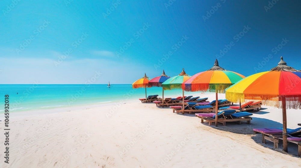 Fototapeta premium Colorful beach umbrellas by serene turquoise water