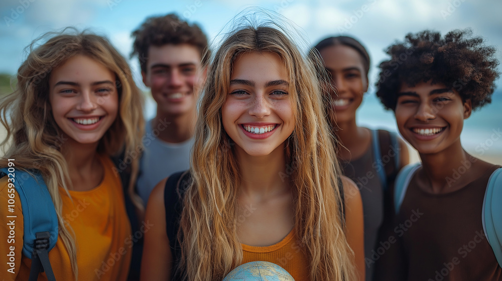 Obraz premium Smiling diverse students outdoors with backpacks