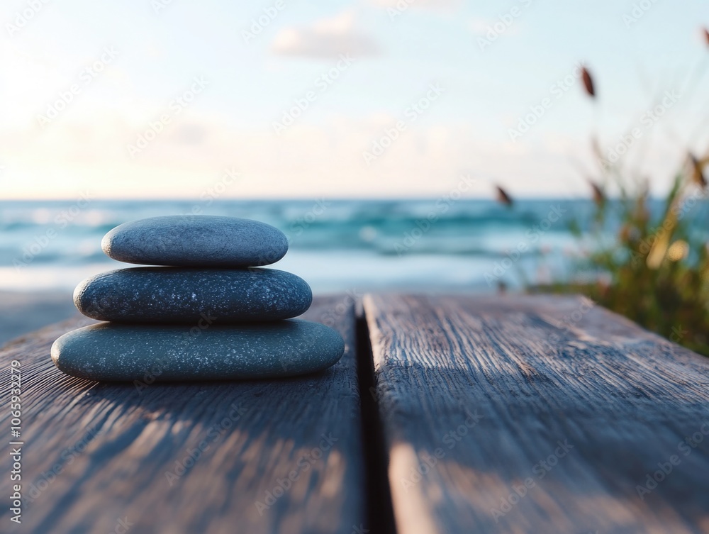 © vefimov - Meditative rocks at sunset. Relaxing beach setting with wooden deck overlooking ocean.