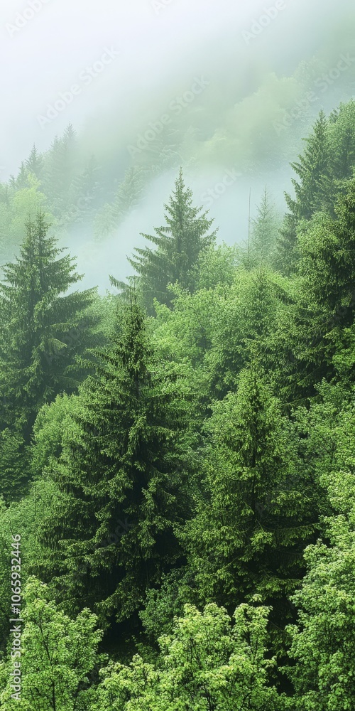 Fototapeta premium Foggy Forest Landscape with Lush Green Trees