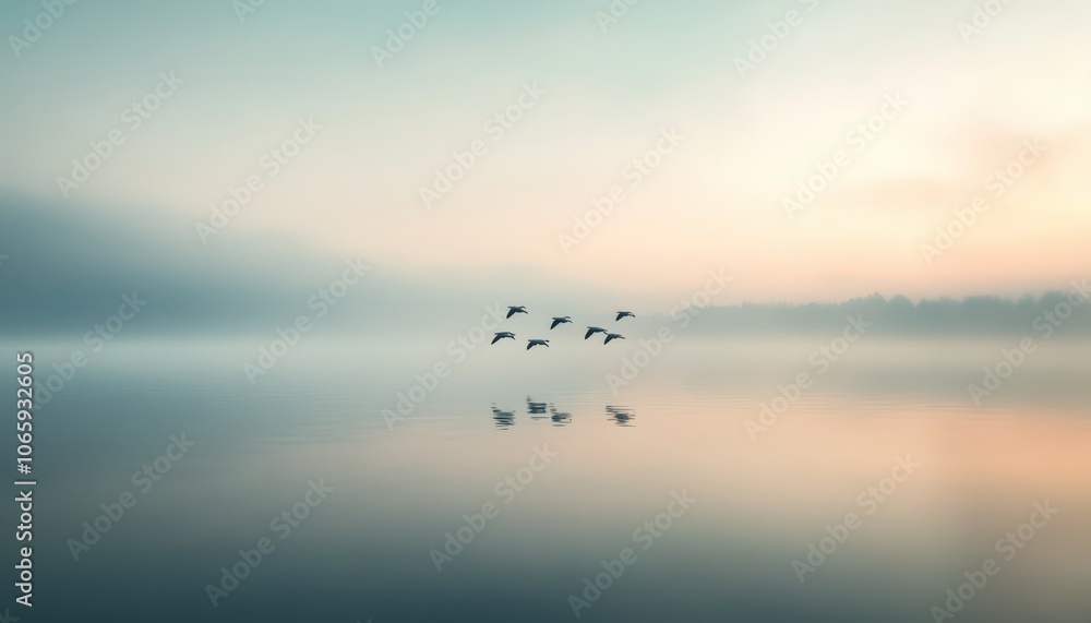 Fototapeta premium flock of birds flying over serene lake at sunset