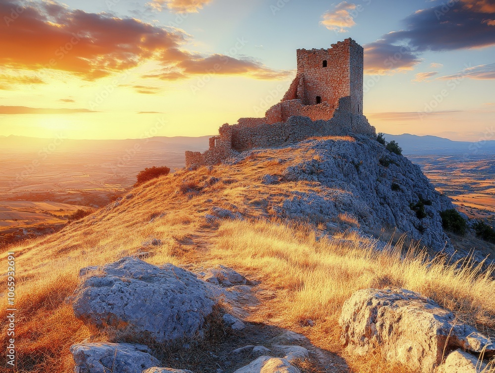 Fototapeta premium Majestic Stone Castle Ruins at Sunset