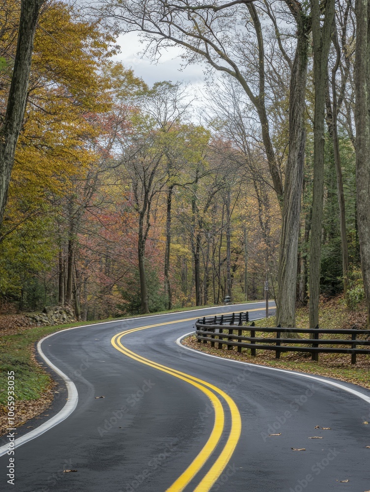 Fototapeta premium Winding Road Through Autumn Forest - Scenic Drive in Fall