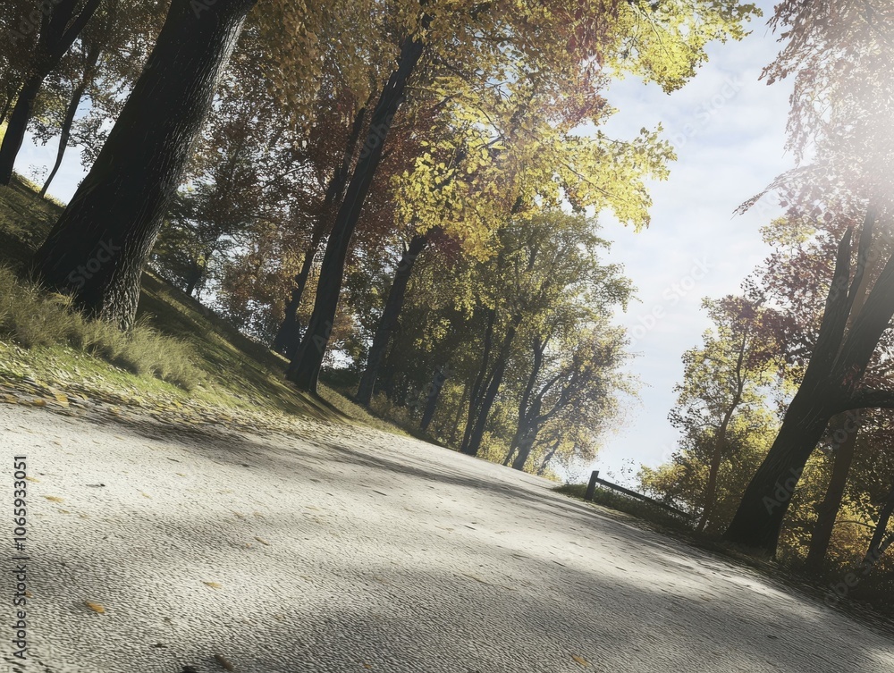Fototapeta premium Autumn Forest Path: Sunlight Through Golden Leaves