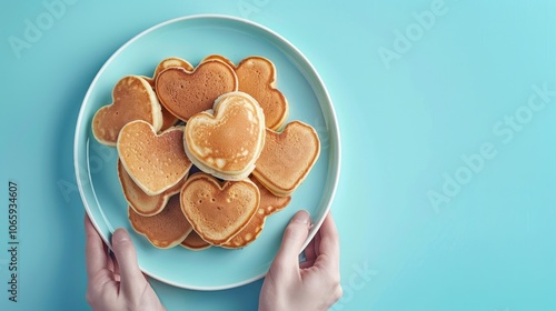 Freshly made pancakes with heart shapes on a blue surface. photo