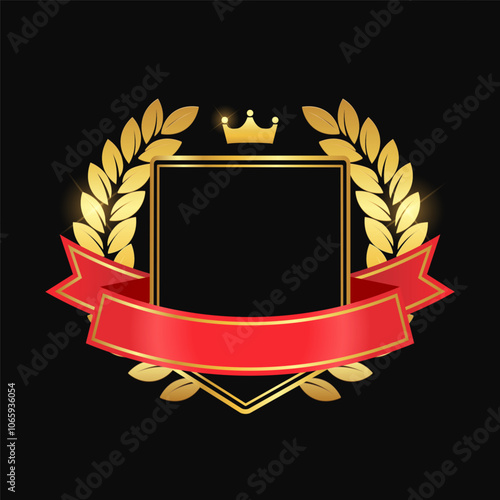 Vector gold emblem with laurel wreath and ribbon. Golden award frame. First place medal. Award icon, winner emblem. Vector illustration EPS 10