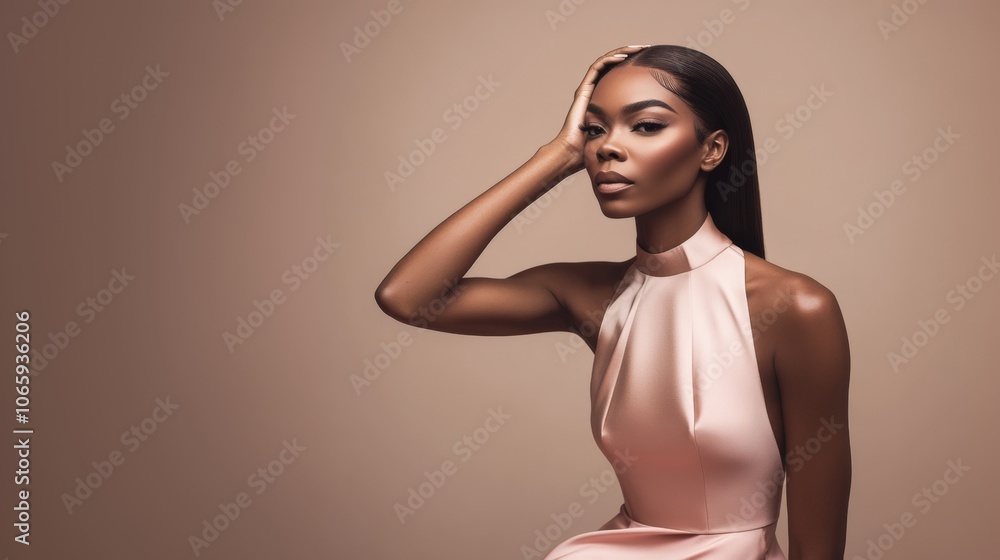 Elegant woman in a sleek pink dress seated with hand on head, set against a soft beige background, conveying sophistication and grace.